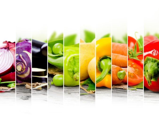 A range of colourful fruit and veg rainbow